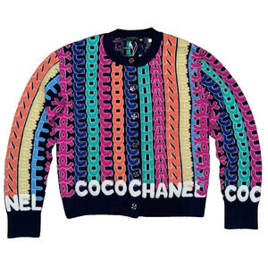 Chanel 21K Blue Rainbow Letter Logo CC Button Long Sleeve Cardigan Sweater 36